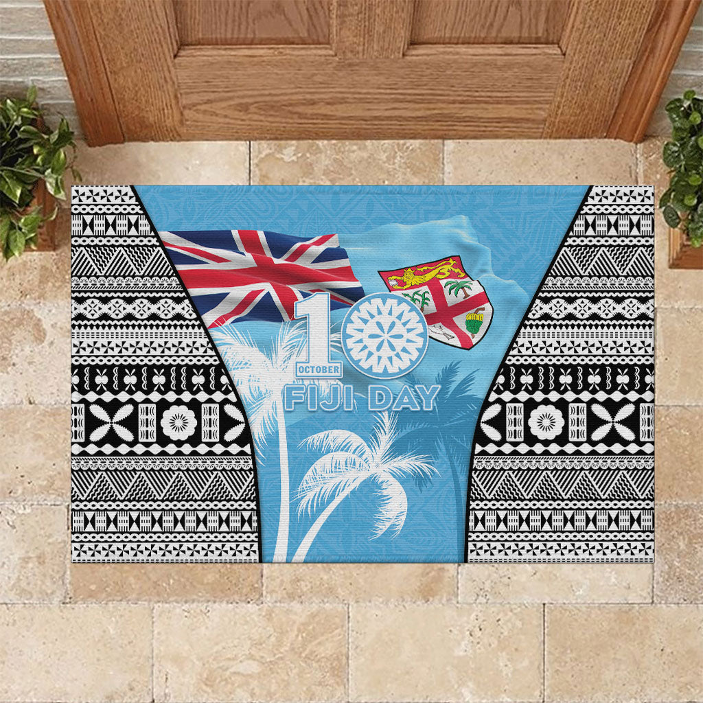 Fiji Day 2026 Rubber Doormat Masi Tapa Pattern With Palm Tree LT05 Blue - Polynesian Pride