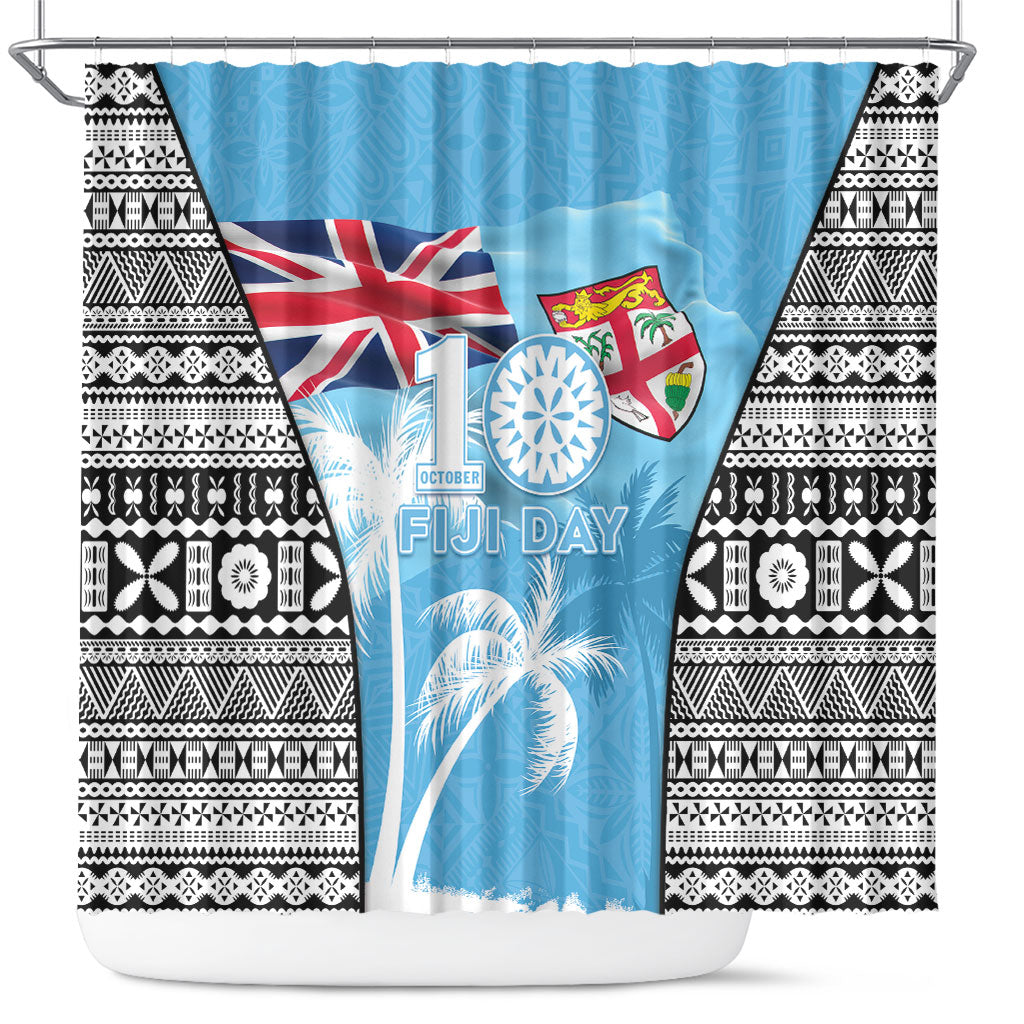 Fiji Day 2026 Shower Curtain Masi Tapa Pattern With Palm Tree LT05 Blue - Polynesian Pride