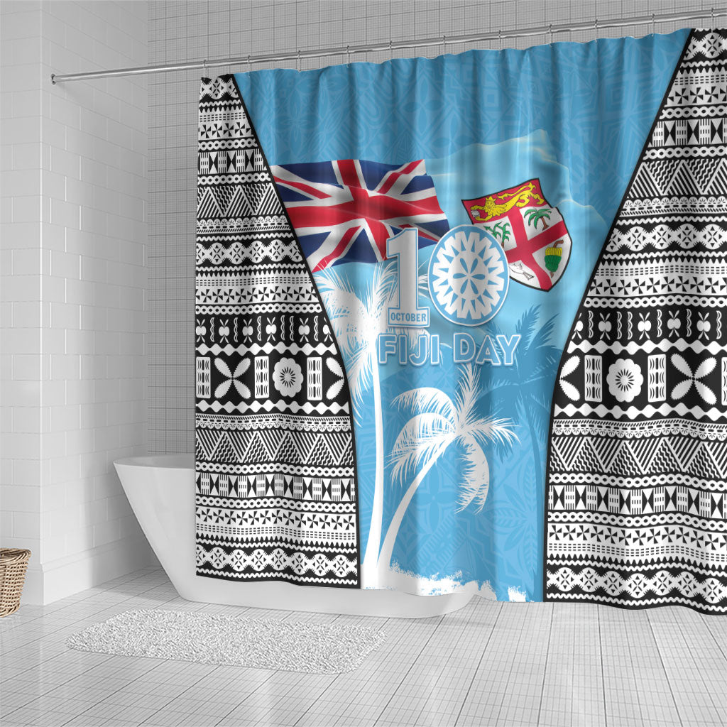 Fiji Day 2026 Shower Curtain Masi Tapa Pattern With Palm Tree LT05 - Polynesian Pride