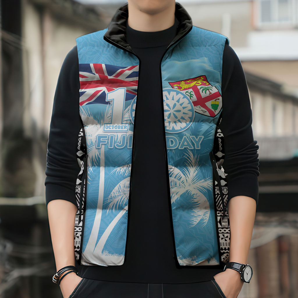 Personalised Fiji Day 2026 Sleeveless Puffer Jacket Masi Tapa Pattern With Palm Tree LT05 - Polynesian Pride