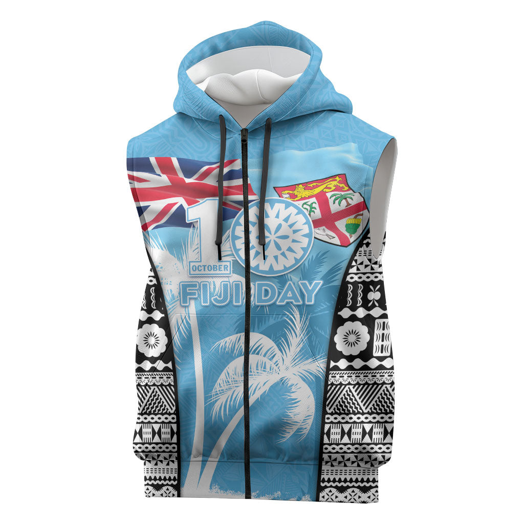 Personalised Fiji Day 2026 Sleeveless Zip Hoodie Masi Tapa Pattern With Palm Tree LT05 Blue - Polynesian Pride