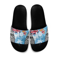 Fiji Day 2026 Slide Sandals Masi Tapa Pattern With Palm Tree LT05 Blue - Polynesian Pride