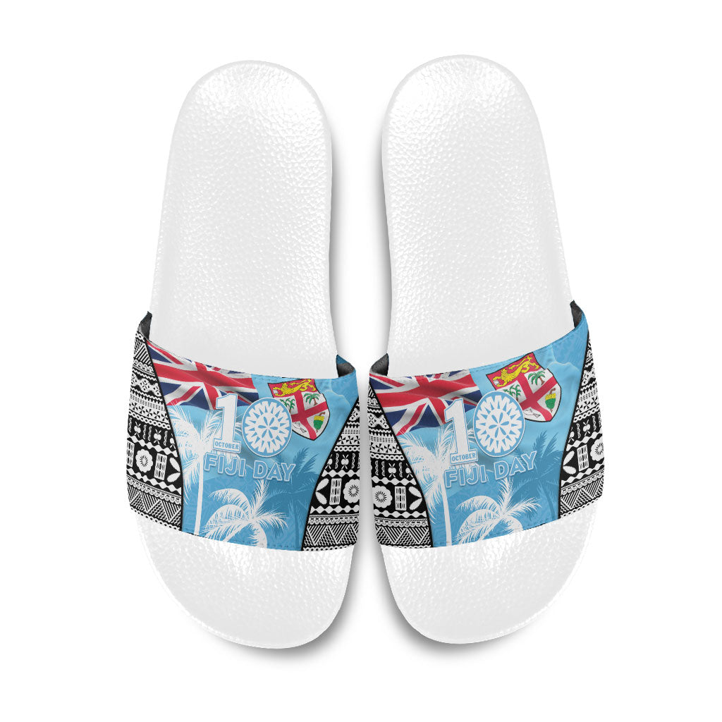 Fiji Day 2026 Slide Sandals Masi Tapa Pattern With Palm Tree LT05 Blue - Polynesian Pride