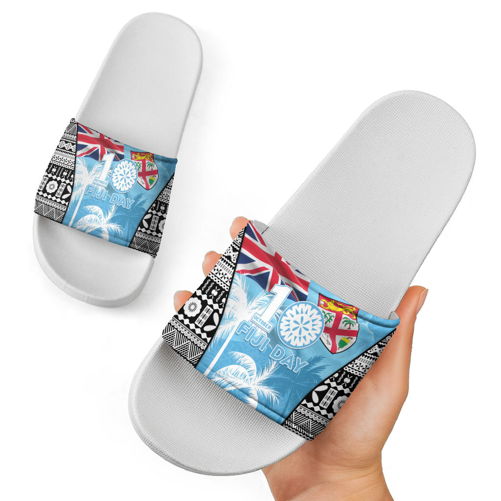 Fiji Day 2026 Slide Sandals Masi Tapa Pattern With Palm Tree LT05 - Polynesian Pride