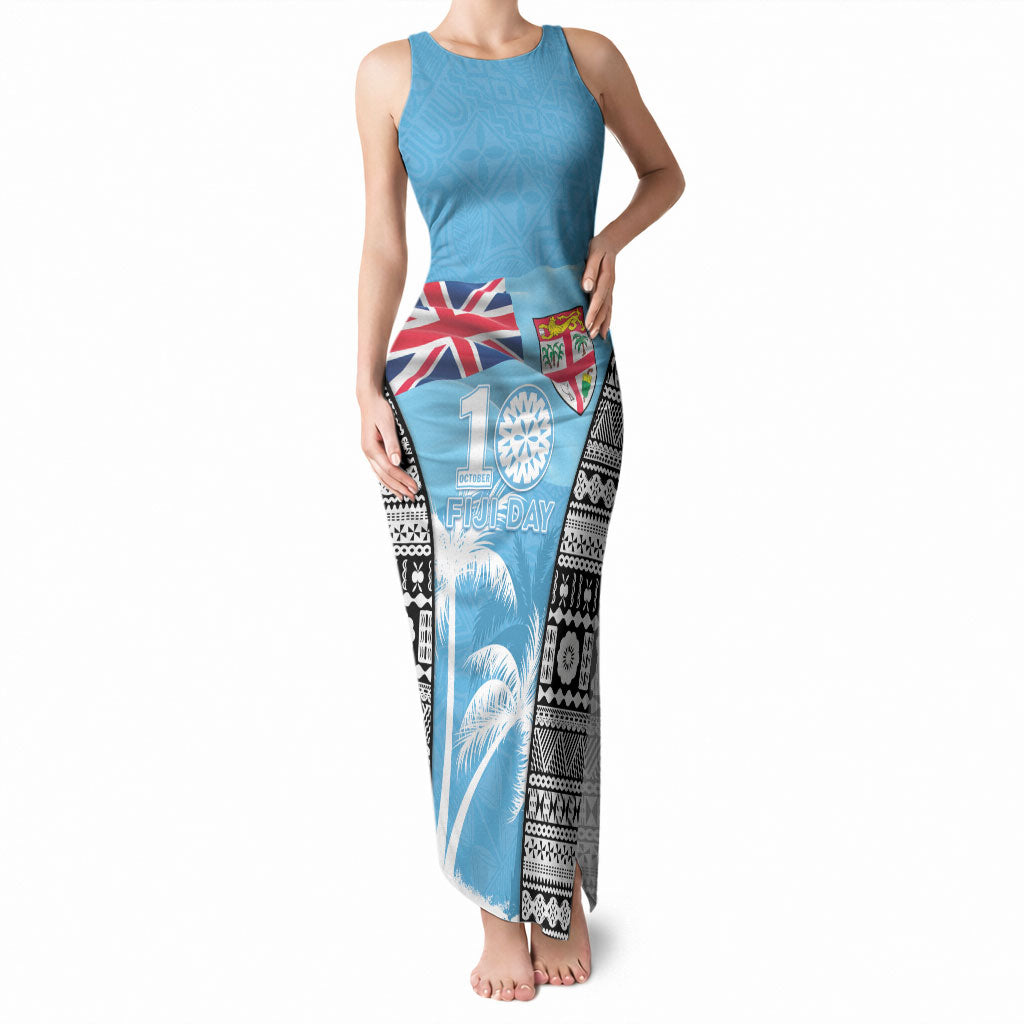 Personalised Fiji Day 2026 Tank Maxi Dress Masi Tapa Pattern With Palm Tree LT05 Women Blue - Polynesian Pride