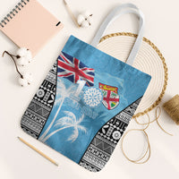 Fiji Day 2026 Tote Bag Masi Tapa Pattern With Palm Tree LT05 White Strap One Size Blue - Polynesian Pride
