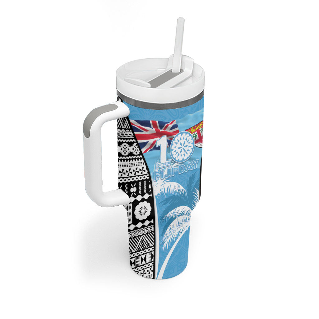Personalised Fiji Day 2026 Tumbler With Handle Masi Tapa Pattern With Palm Tree LT05 - Polynesian Pride