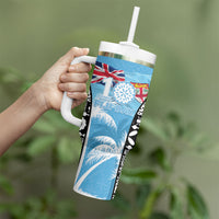 Personalised Fiji Day 2026 Tumbler With Handle Masi Tapa Pattern With Palm Tree LT05 - Polynesian Pride