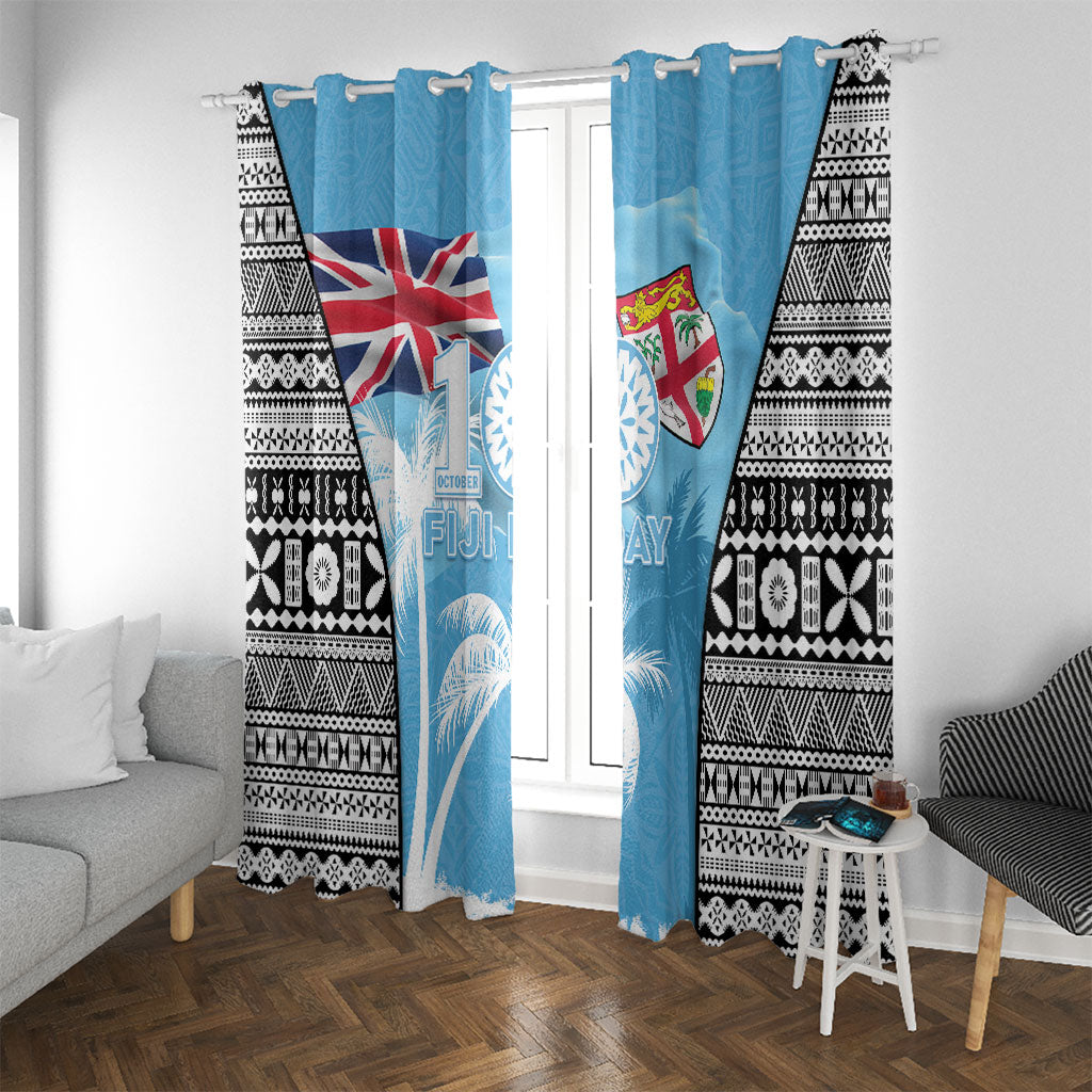 Fiji Day 2026 Window Curtain Masi Tapa Pattern With Palm Tree LT05 With Grommets Blue - Polynesian Pride