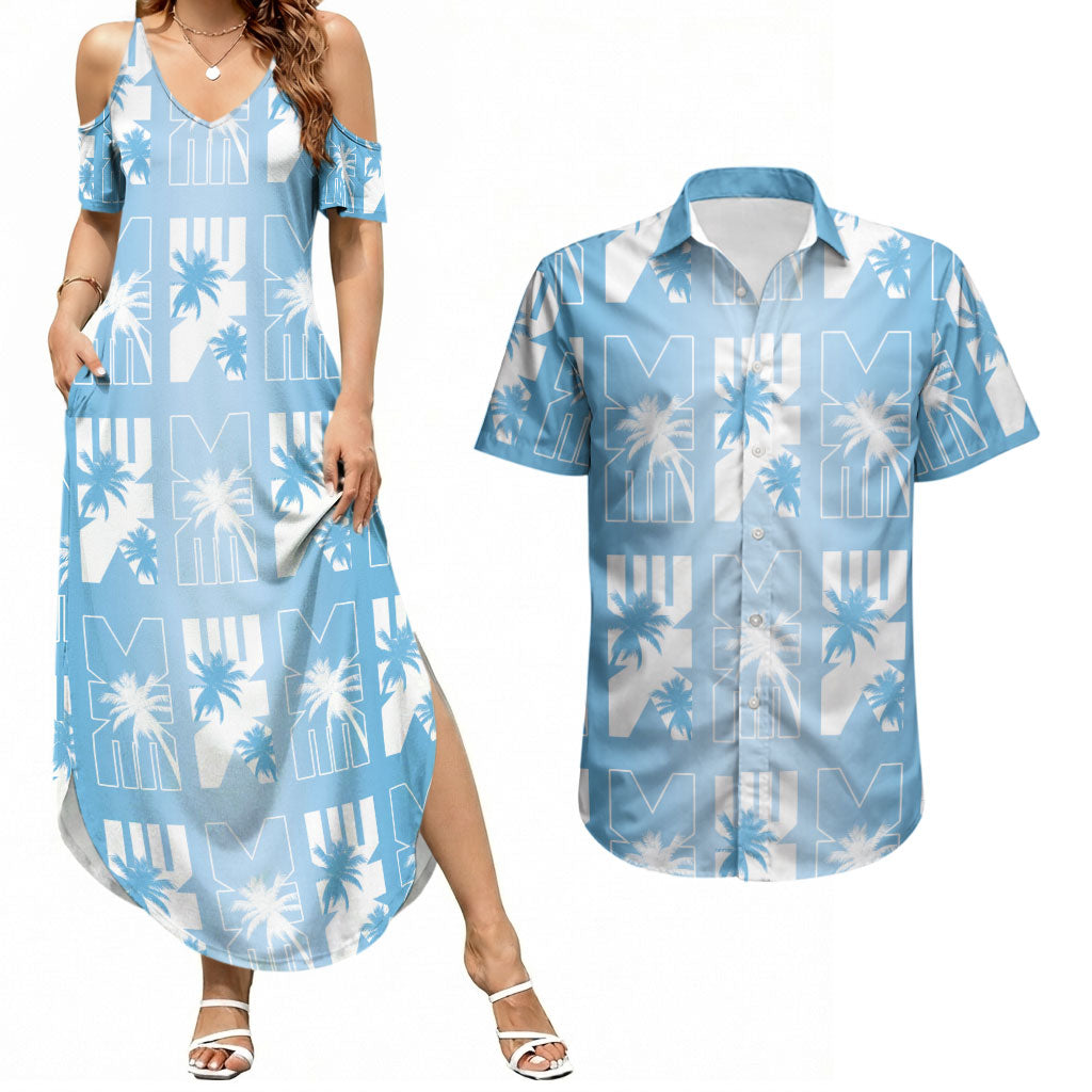 Bula Fiji Couples Matching Summer Maxi Dress and Hawaiian Shirt Blue Makare Masi Tapa Pattern