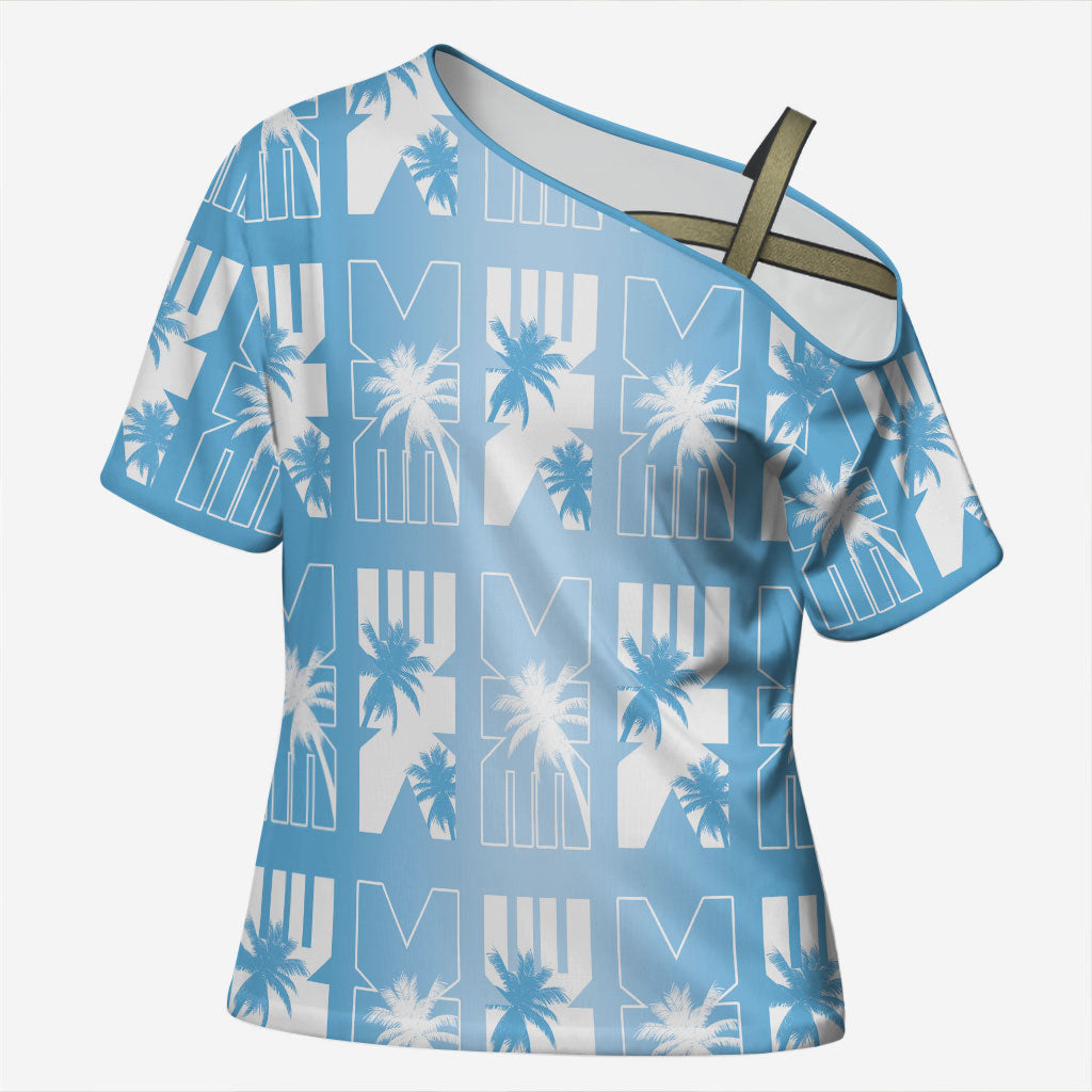 Bula Fiji Cross Shoulder Shirt Blue Makare Masi Tapa Pattern LT05 Female Blue - Polynesian Pride