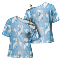 Bula Fiji Cross Shoulder Shirt Blue Makare Masi Tapa Pattern LT05 - Polynesian Pride