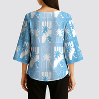 Bula Fiji Kimono Sleeve Blouse Blue Makare Masi Tapa Pattern LT05 - Polynesian Pride