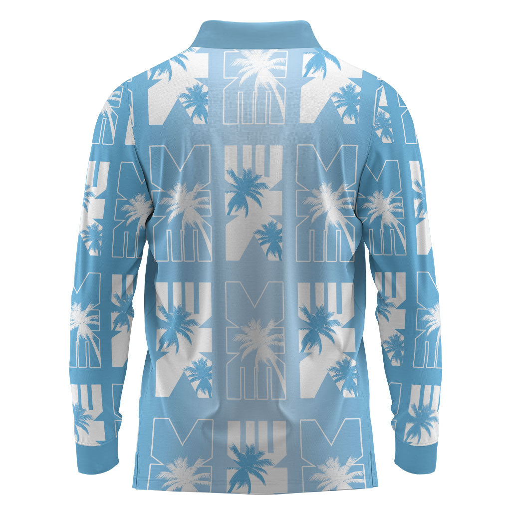 Bula Fiji Long Sleeve Polo Shirt Blue Makare Masi Tapa Pattern LT05 - Polynesian Pride
