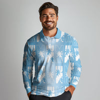 Bula Fiji Long Sleeve Polo Shirt Blue Makare Masi Tapa Pattern LT05 - Polynesian Pride