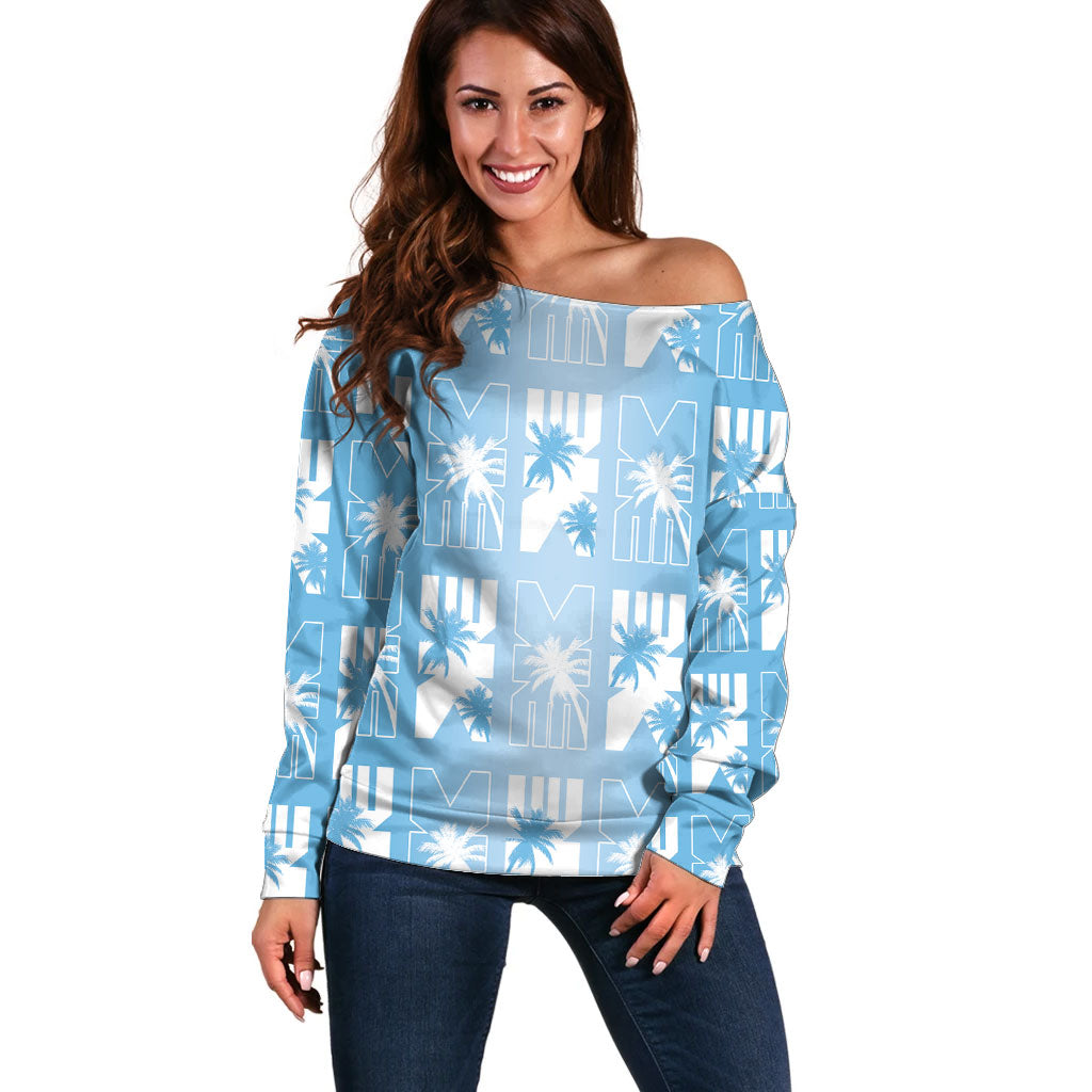 Bula Fiji Off Shoulder Sweater Blue Makare Masi Tapa Pattern LT05 Women Blue - Polynesian Pride
