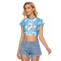 Bula Fiji Raglan Cropped T Shirt Blue Makare Masi Tapa Pattern LT05 Female Blue - Polynesian Pride