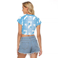 Bula Fiji Raglan Cropped T Shirt Blue Makare Masi Tapa Pattern LT05 - Polynesian Pride
