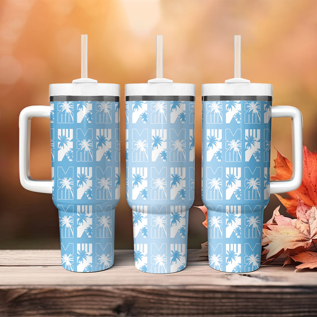 Bula Fiji Tumbler With Handle Blue Makare Masi Tapa Pattern LT05 - Polynesian Pride