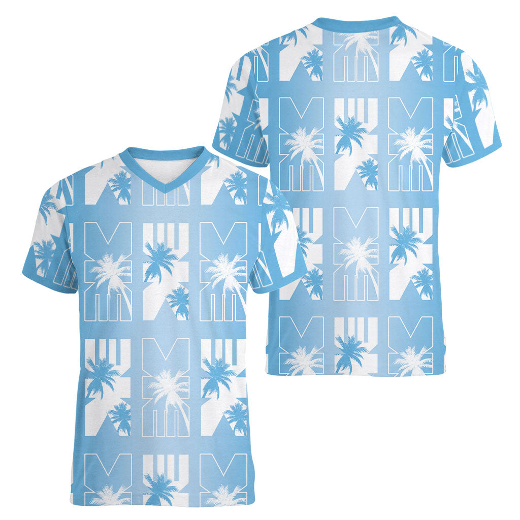 Bula Fiji Women V-Neck T-Shirt Blue Makare Masi Tapa Pattern LT05 - Polynesian Pride