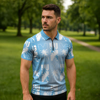 Bula Fiji Zipper Polo Shirt Blue Makare Masi Tapa Pattern LT05 - Polynesian Pride
