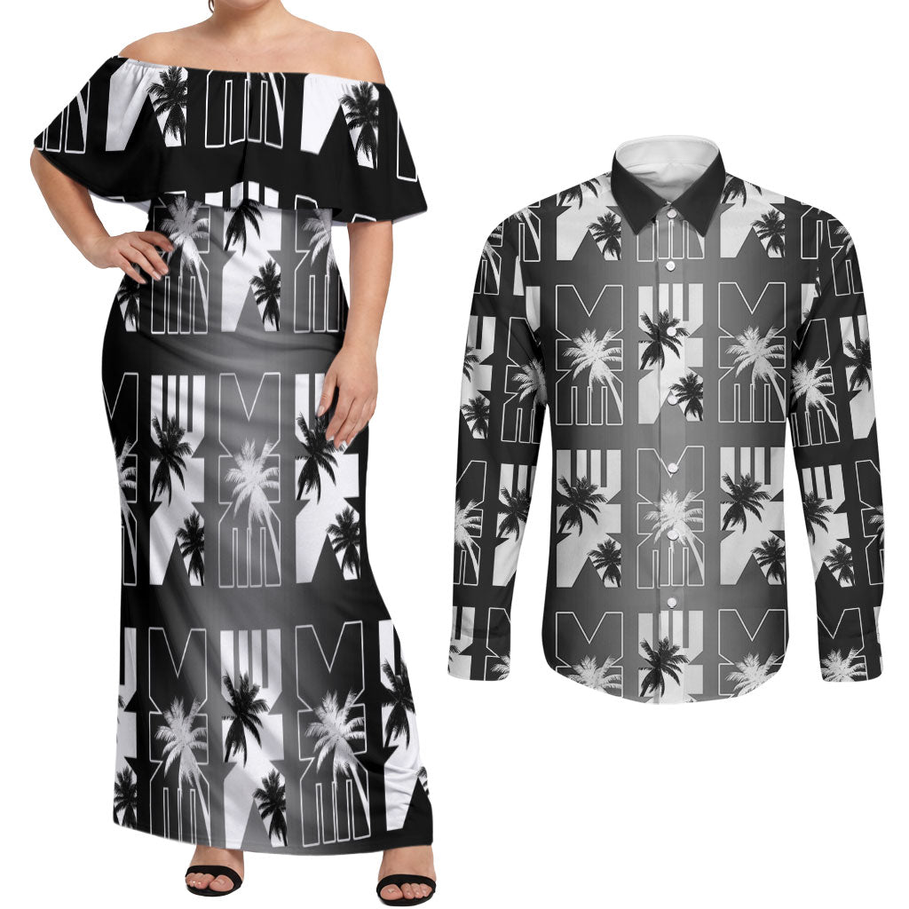 Bula Fiji Couples Matching Off Shoulder Maxi Dress and Long Sleeve Button Shirt Black Makare Masi Tapa Pattern