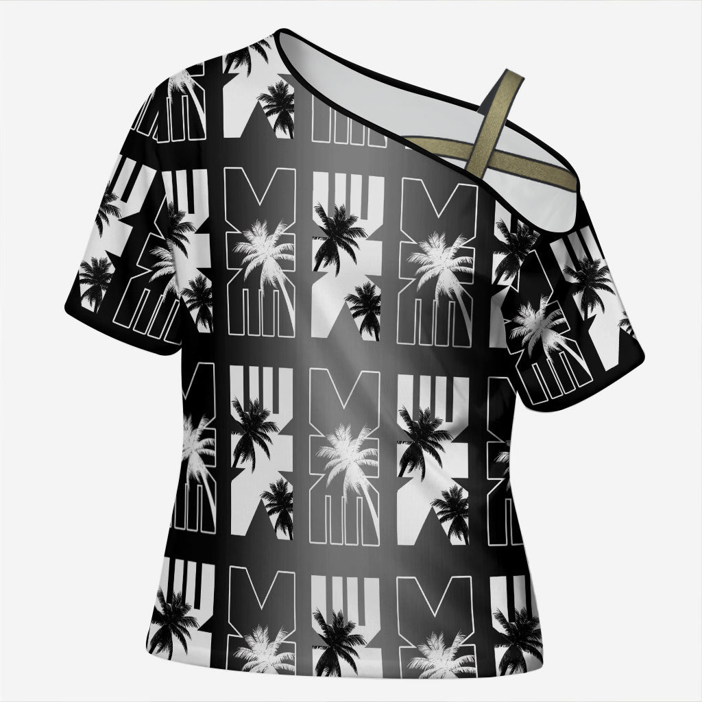Bula Fiji Cross Shoulder Shirt Black Makare Masi Tapa Pattern LT05 Female Black - Polynesian Pride
