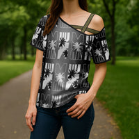 Bula Fiji Cross Shoulder Shirt Black Makare Masi Tapa Pattern LT05 - Polynesian Pride