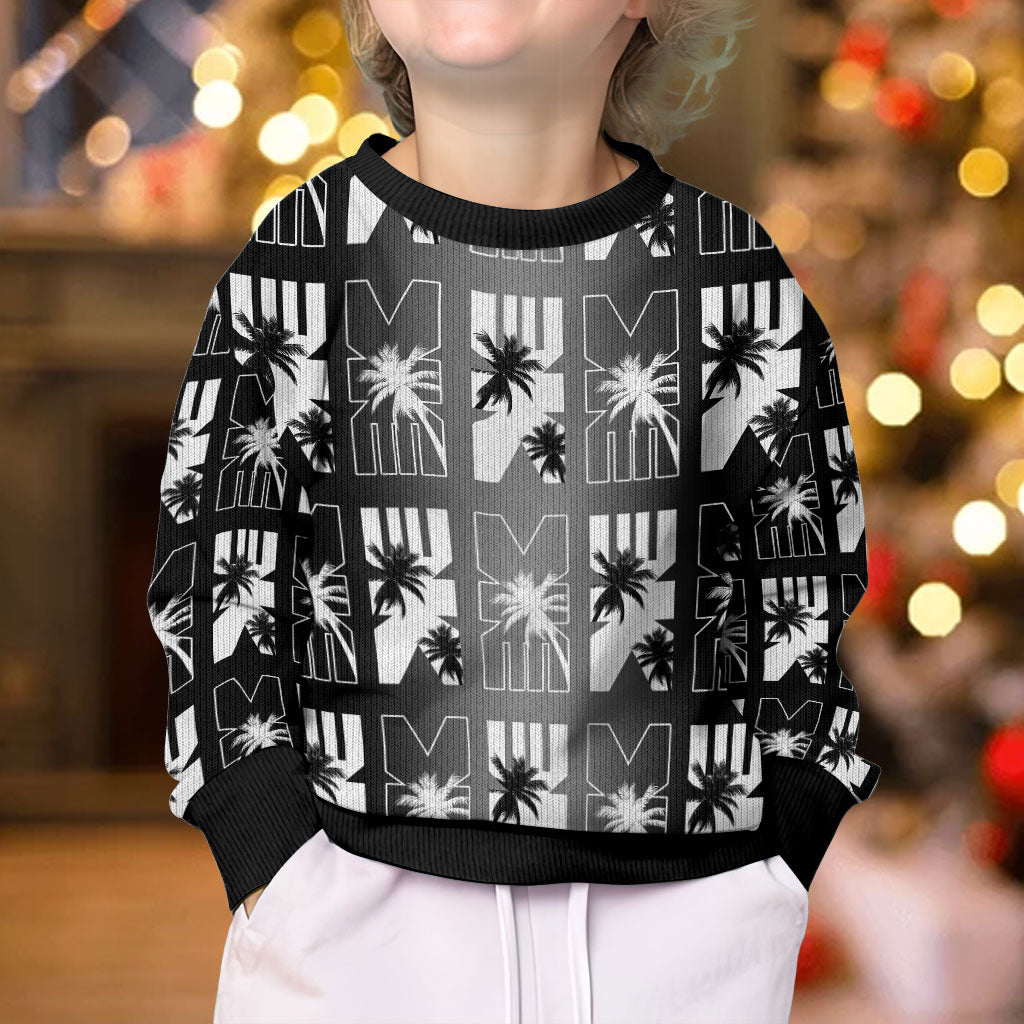 Bula Fiji Kid Ugly Christmas Sweater Black Makare Masi Tapa Pattern