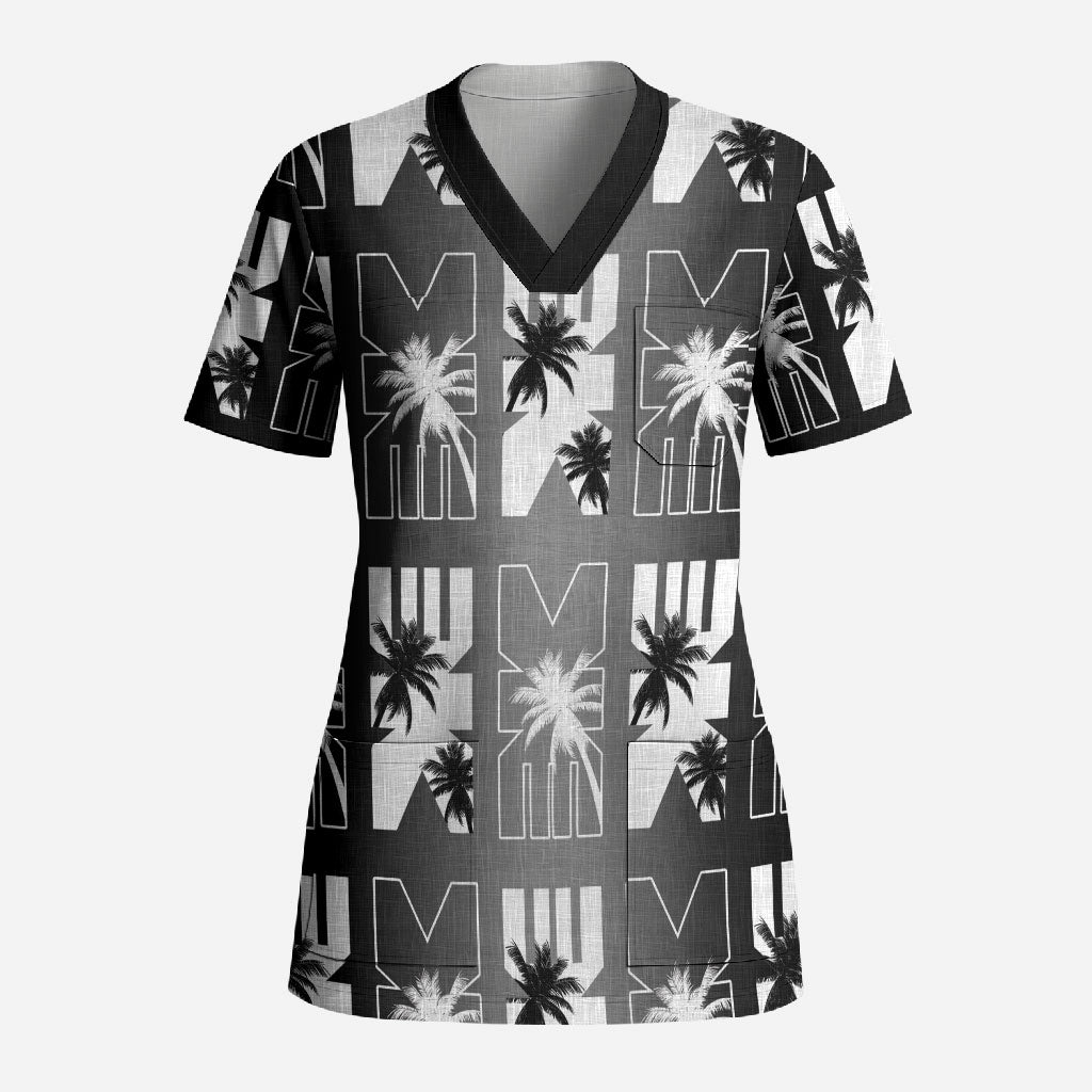 Bula Fiji Scrub Top Black Makare Masi Tapa Pattern LT05 Adult Black - Polynesian Pride