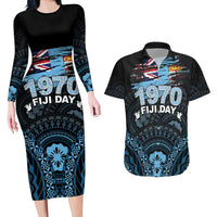 Personalised Happy Fiji Day 1970 Couples Matching Long Sleeve Bodycon Dress and Hawaiian Shirt Flag Grunge Style LT05 Black - Polynesian Pride