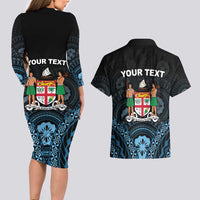 Personalised Happy Fiji Day 1970 Couples Matching Long Sleeve Bodycon Dress and Hawaiian Shirt Flag Grunge Style LT05 - Polynesian Pride