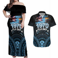 Personalised Happy Fiji Day 1970 Couples Matching Off Shoulder Maxi Dress and Hawaiian Shirt Flag Grunge Style LT05 Black - Polynesian Pride