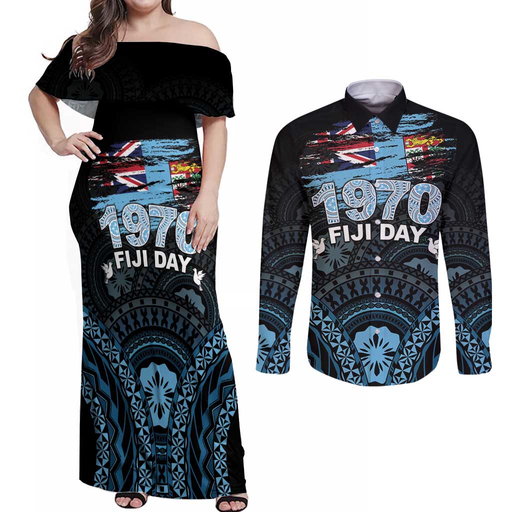 Personalised Happy Fiji Day 1970 Couples Matching Off Shoulder Maxi Dress and Long Sleeve Button Shirt Flag Grunge Style LT05 Black - Polynesian Pride
