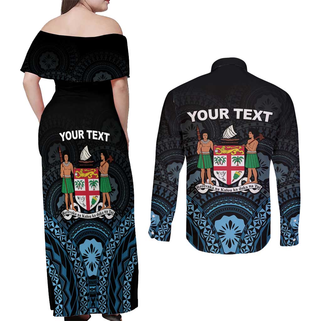 Personalised Happy Fiji Day 1970 Couples Matching Off Shoulder Maxi Dress and Long Sleeve Button Shirt Flag Grunge Style LT05 - Polynesian Pride