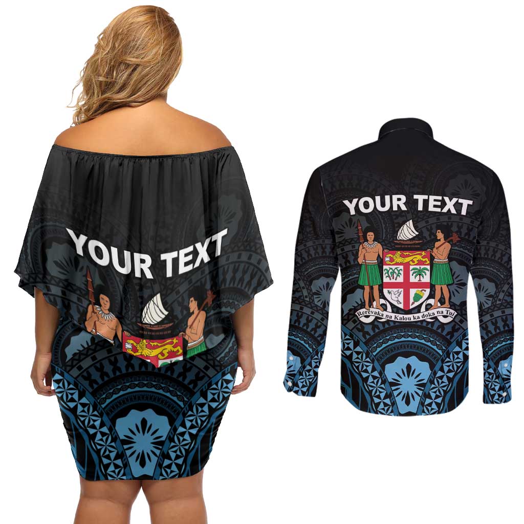 Personalised Happy Fiji Day 1970 Couples Matching Off Shoulder Short Dress and Long Sleeve Button Shirt Flag Grunge Style LT05 - Polynesian Pride