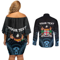 Personalised Happy Fiji Day 1970 Couples Matching Off Shoulder Short Dress and Long Sleeve Button Shirt Flag Grunge Style LT05 - Polynesian Pride