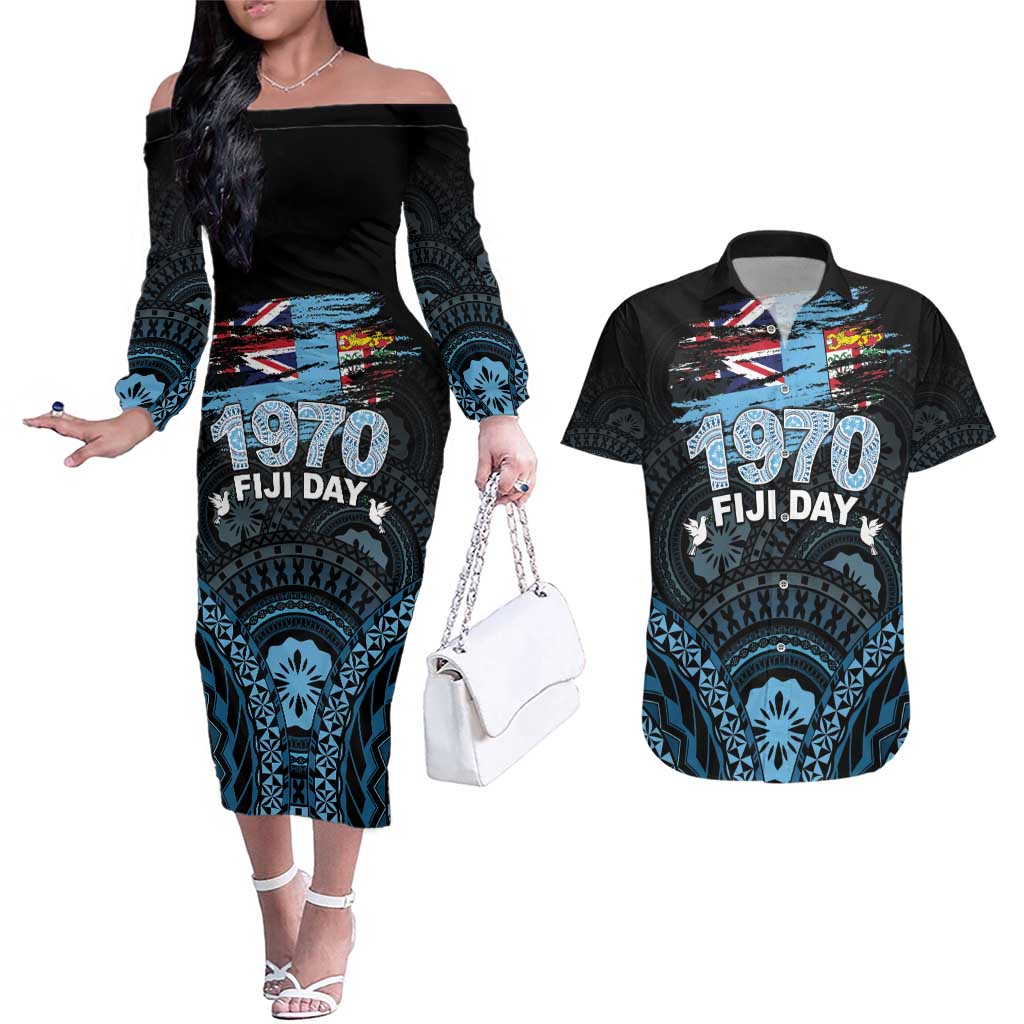 Personalised Happy Fiji Day 1970 Couples Matching Off The Shoulder Long Sleeve Dress and Hawaiian Shirt Flag Grunge Style LT05 Black - Polynesian Pride