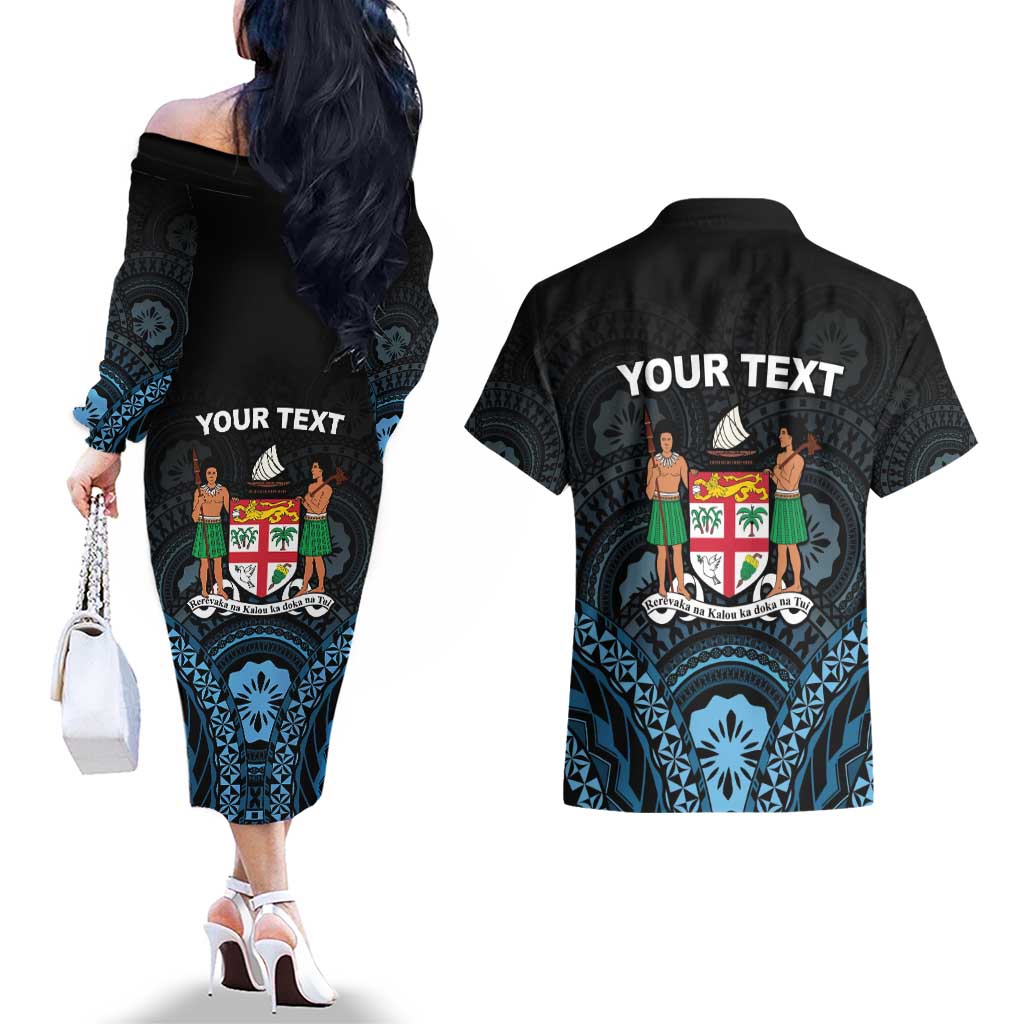 Personalised Happy Fiji Day 1970 Couples Matching Off The Shoulder Long Sleeve Dress and Hawaiian Shirt Flag Grunge Style LT05 - Polynesian Pride