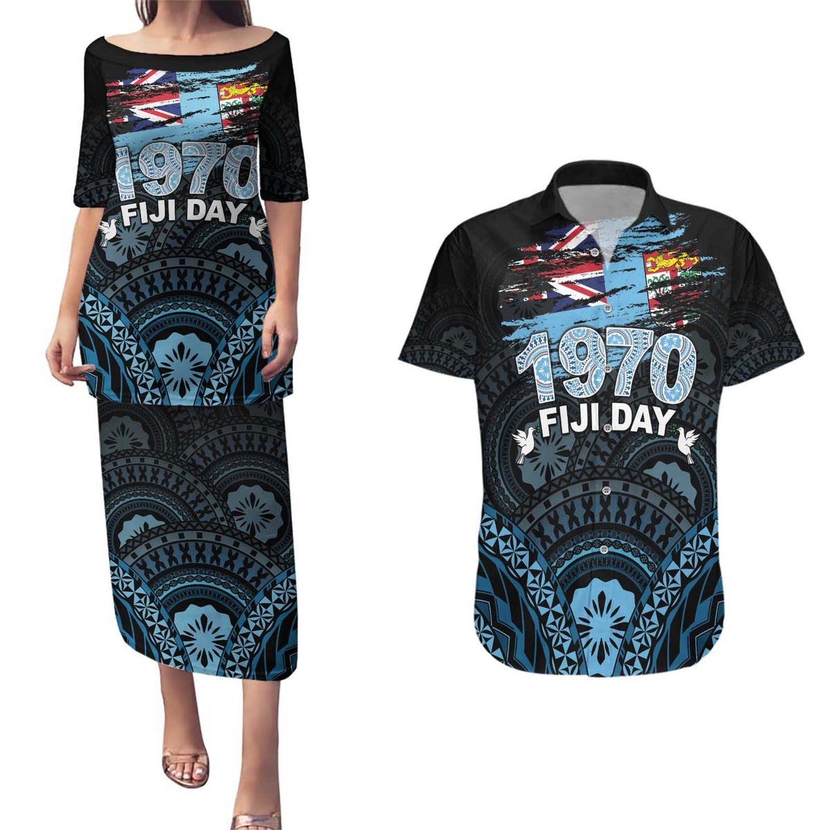 Personalised Happy Fiji Day 1970 Couples Matching Puletasi and Hawaiian Shirt Flag Grunge Style LT05 Black - Polynesian Pride