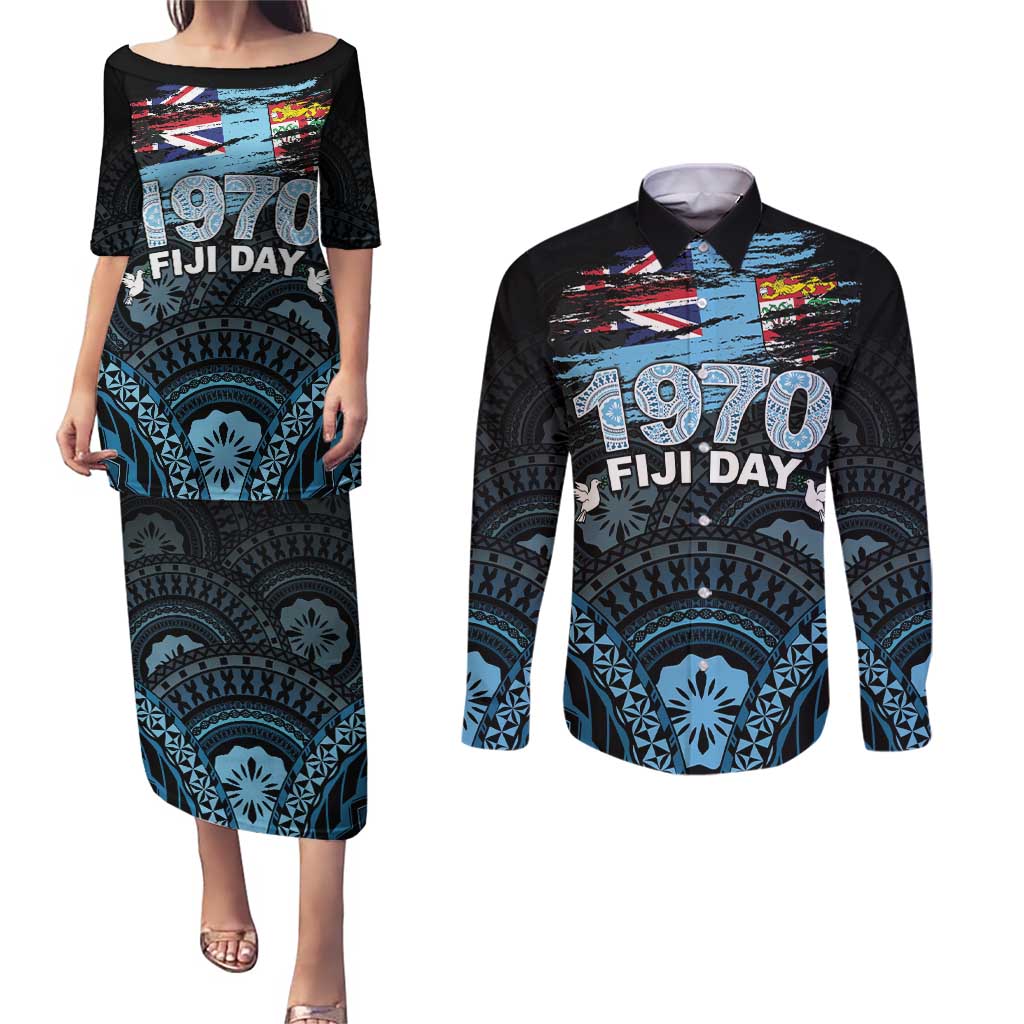 Personalised Happy Fiji Day 1970 Couples Matching Puletasi and Long Sleeve Button Shirt Flag Grunge Style LT05 Black - Polynesian Pride