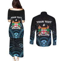 Personalised Happy Fiji Day 1970 Couples Matching Puletasi and Long Sleeve Button Shirt Flag Grunge Style LT05 - Polynesian Pride