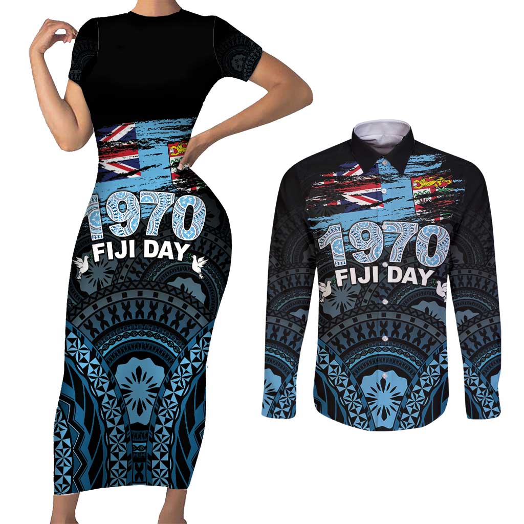 Personalised Happy Fiji Day 1970 Couples Matching Short Sleeve Bodycon Dress and Long Sleeve Button Shirt Flag Grunge Style LT05 Black - Polynesian Pride