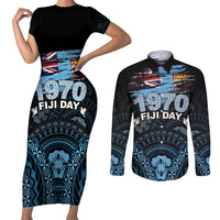 Personalised Happy Fiji Day 1970 Couples Matching Short Sleeve Bodycon Dress and Long Sleeve Button Shirt Flag Grunge Style LT05 Black - Polynesian Pride