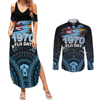 Personalised Happy Fiji Day 1970 Couples Matching Summer Maxi Dress and Long Sleeve Button Shirt Flag Grunge Style LT05 Black - Polynesian Pride