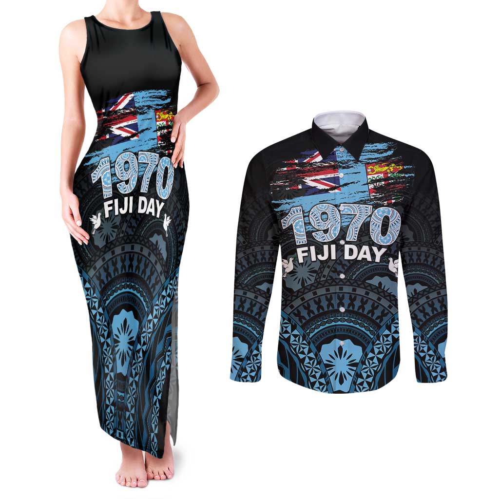 Personalised Happy Fiji Day 1970 Couples Matching Tank Maxi Dress and Long Sleeve Button Shirt Flag Grunge Style LT05 Black - Polynesian Pride