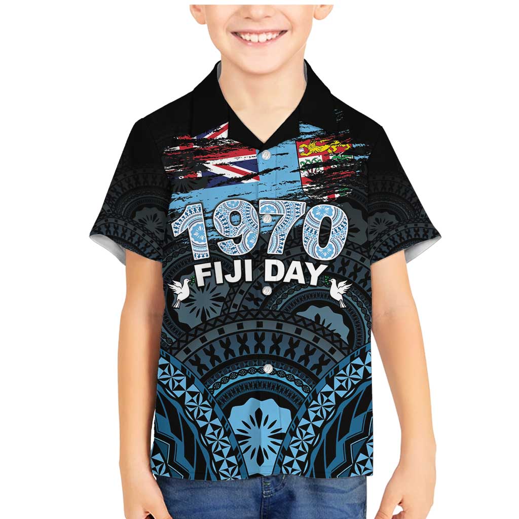 Personalised Happy Fiji Day 1970 Family Matching Mermaid Dress and Hawaiian Shirt Flag Grunge Style LT05 Son's Shirt Black - Polynesian Pride