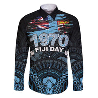 Personalised Happy Fiji Day 1970 Family Matching Off The Shoulder Long Sleeve Dress and Hawaiian Shirt Flag Grunge Style LT05 Dad's Shirt - Long Sleeve Black - Polynesian Pride