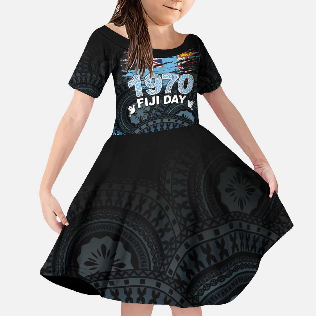 Personalised Happy Fiji Day 1970 Family Matching Off Shoulder Maxi Dress and Hawaiian Shirt Flag Grunge Style LT05 Daughter's Dress Black - Polynesian Pride