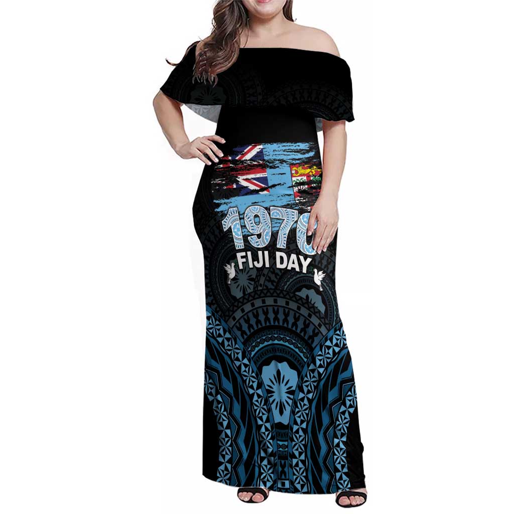 Personalised Happy Fiji Day 1970 Family Matching Off Shoulder Maxi Dress and Hawaiian Shirt Flag Grunge Style LT05 Mom's Dress Black - Polynesian Pride